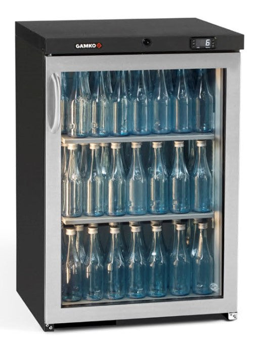 Dark Slate Gray Gamko MG3/150RGCS Maxiglass Right Hand Hinged Stainless Steel Frame Glass Single Door Undercounter Bottle Cooler, 150 Litres - Contact Us For Availability