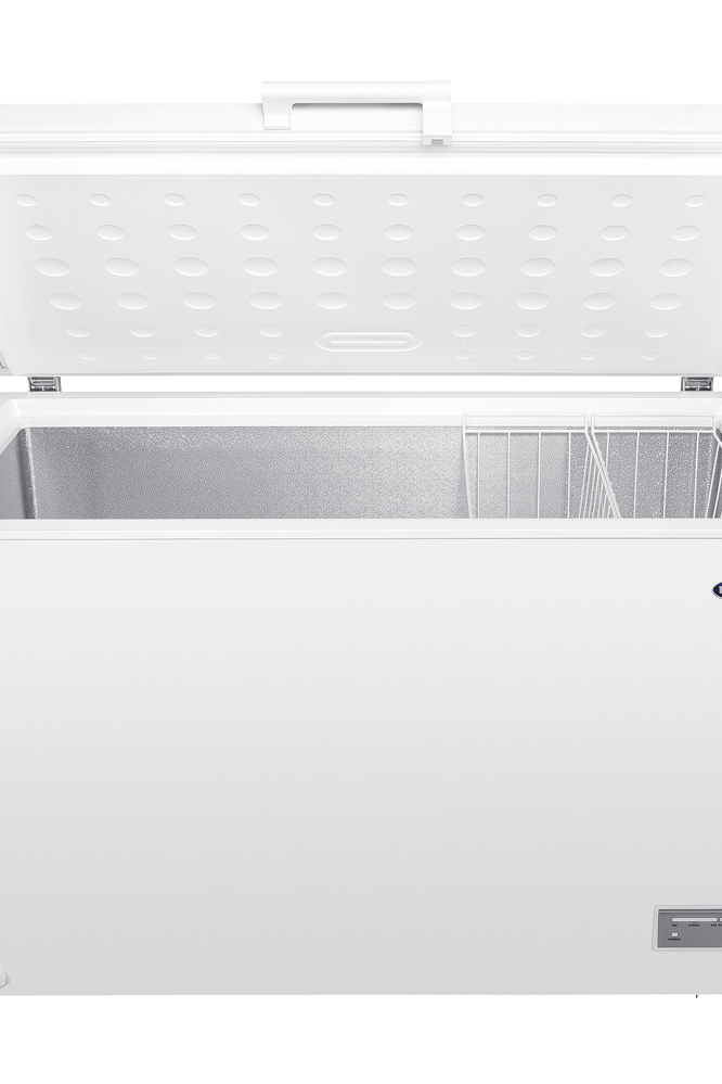 White chest freezer with open lid on a white background
