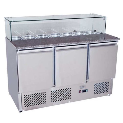Gray Ice-A-Cool ICE3864GR 3 Door Marble Top Saladette Preparation Counter, 380 Litres - Contact Us For Availability