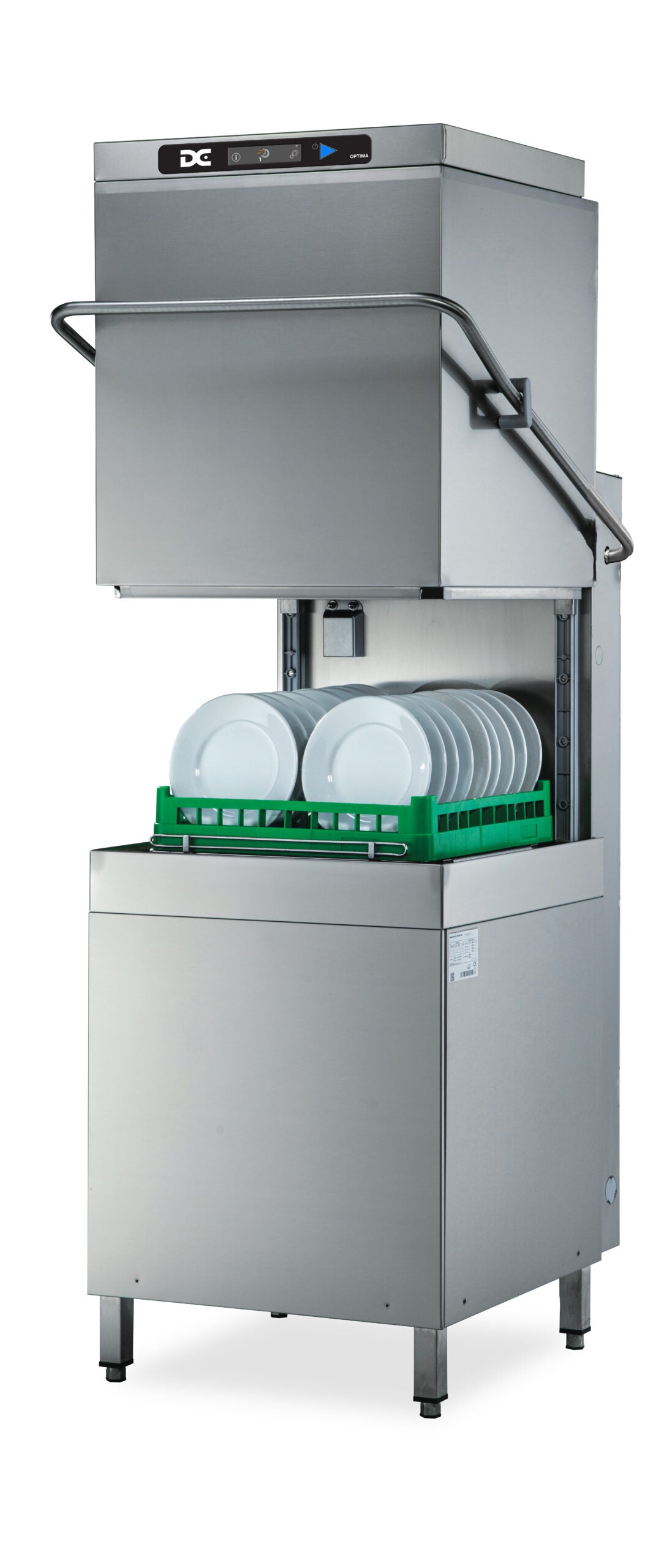 Dark Gray DC OXD1400ACPISD-9KW Optima Range 500mm Basket Passthrough Commercial Dishwasher with Break Tank, Chemical Pumps, Integral Softener & Drain Pump - 18 Plates - Contact Us For Availability