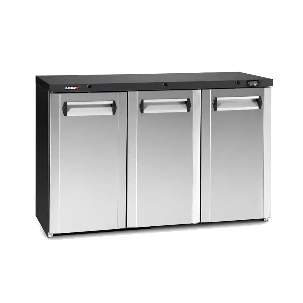 Gray Gamko Maxiglass LG3/315CS Hinged Solid Stainless Steel Triple Door Undercounter Bottle Cooler, 338 Litres - In Stock