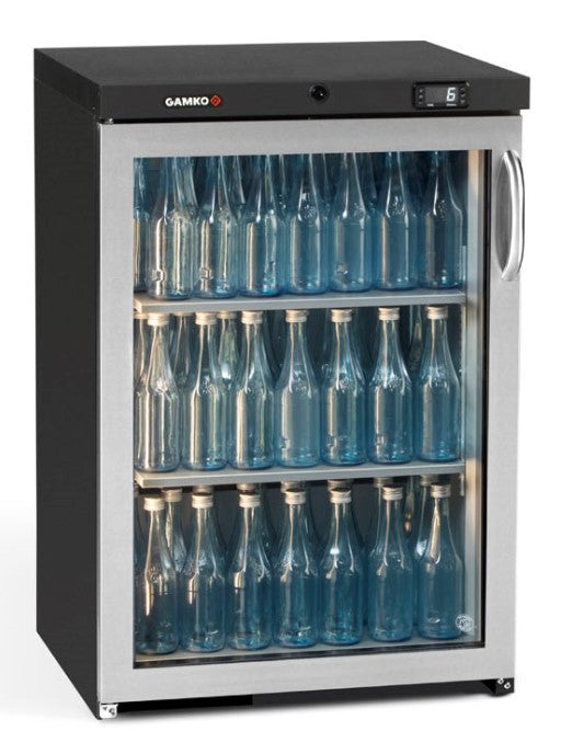 Dark Slate Gray Gamko MG3/150LGCS Maxiglass Left Hand Hinged Stainless Steel Frame Glass Single Door Undercounter Bottle Cooler, 150 Litres - Contact Us For Availability