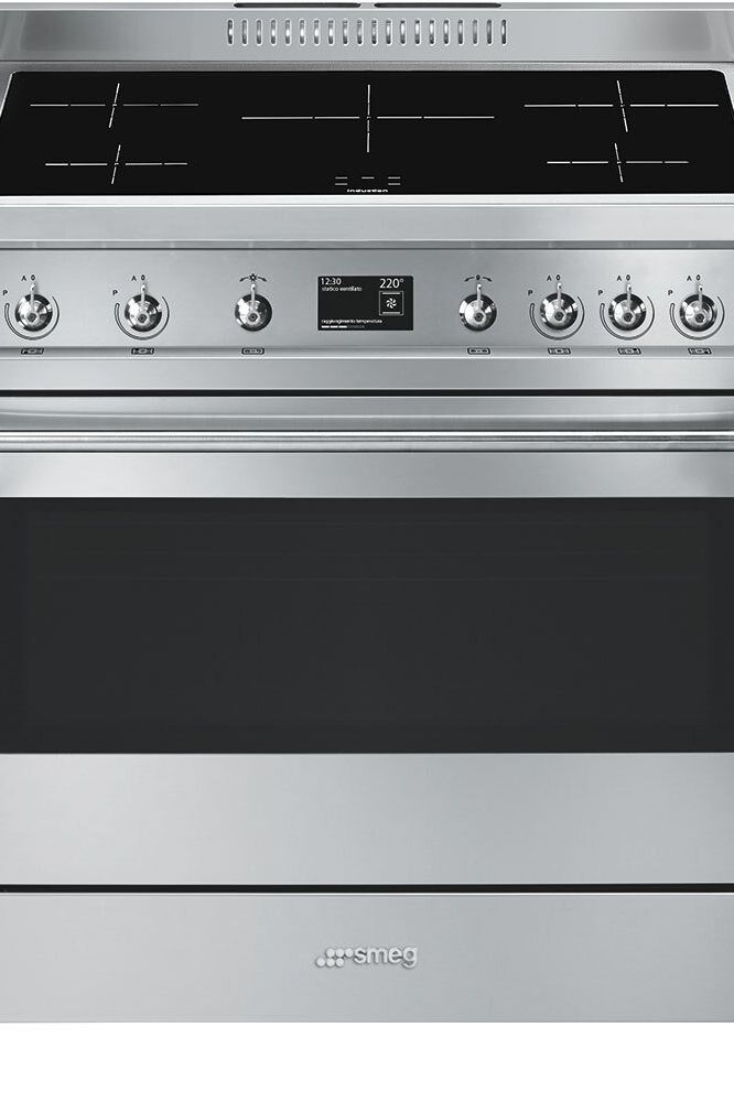 Gray SMEG Opera Cooker, Electric Induction, with Multifunction Pyrolitic Oven, 900 mm