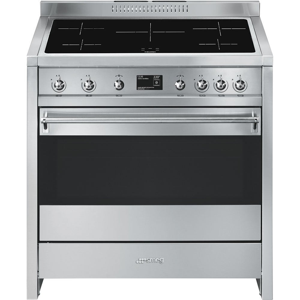 Gray SMEG Opera Cooker, Electric Induction, with Multifunction Pyrolitic Oven, 900 mm