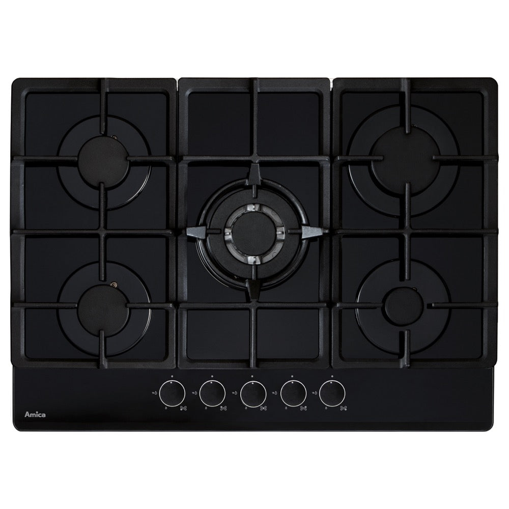 Black AGVH7300BL Amica 70cm 5 burner gas on glass hob