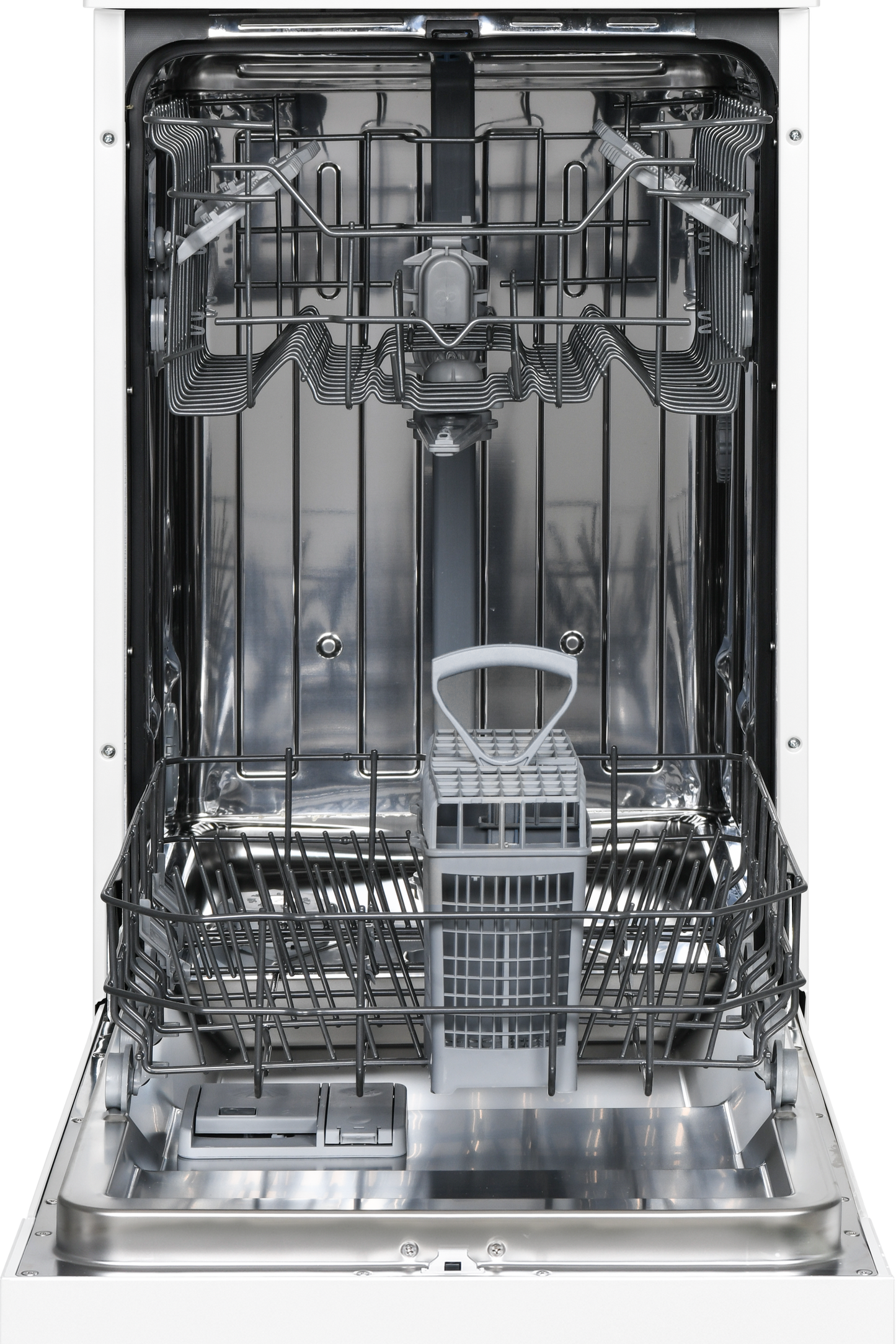 Open dishwasher with silver interior and racks on a white background