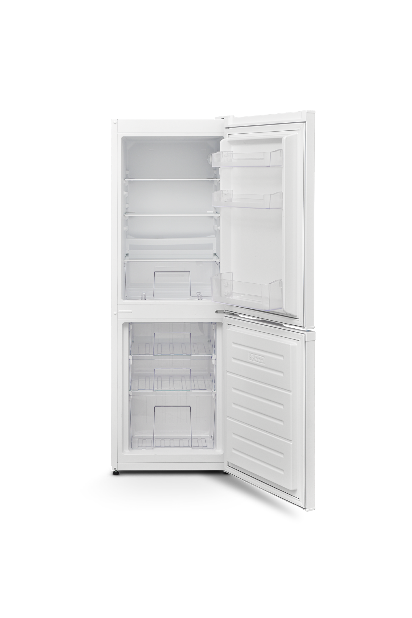 White refrigerator with open doors on a white background