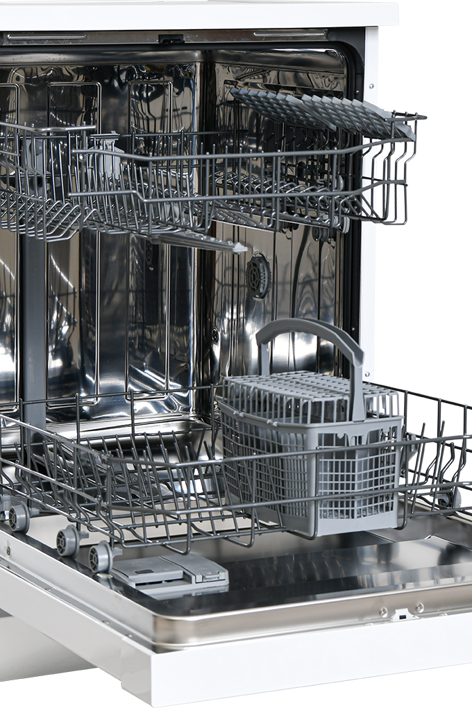 Open dishwasher with silver interior and racks on a white background
