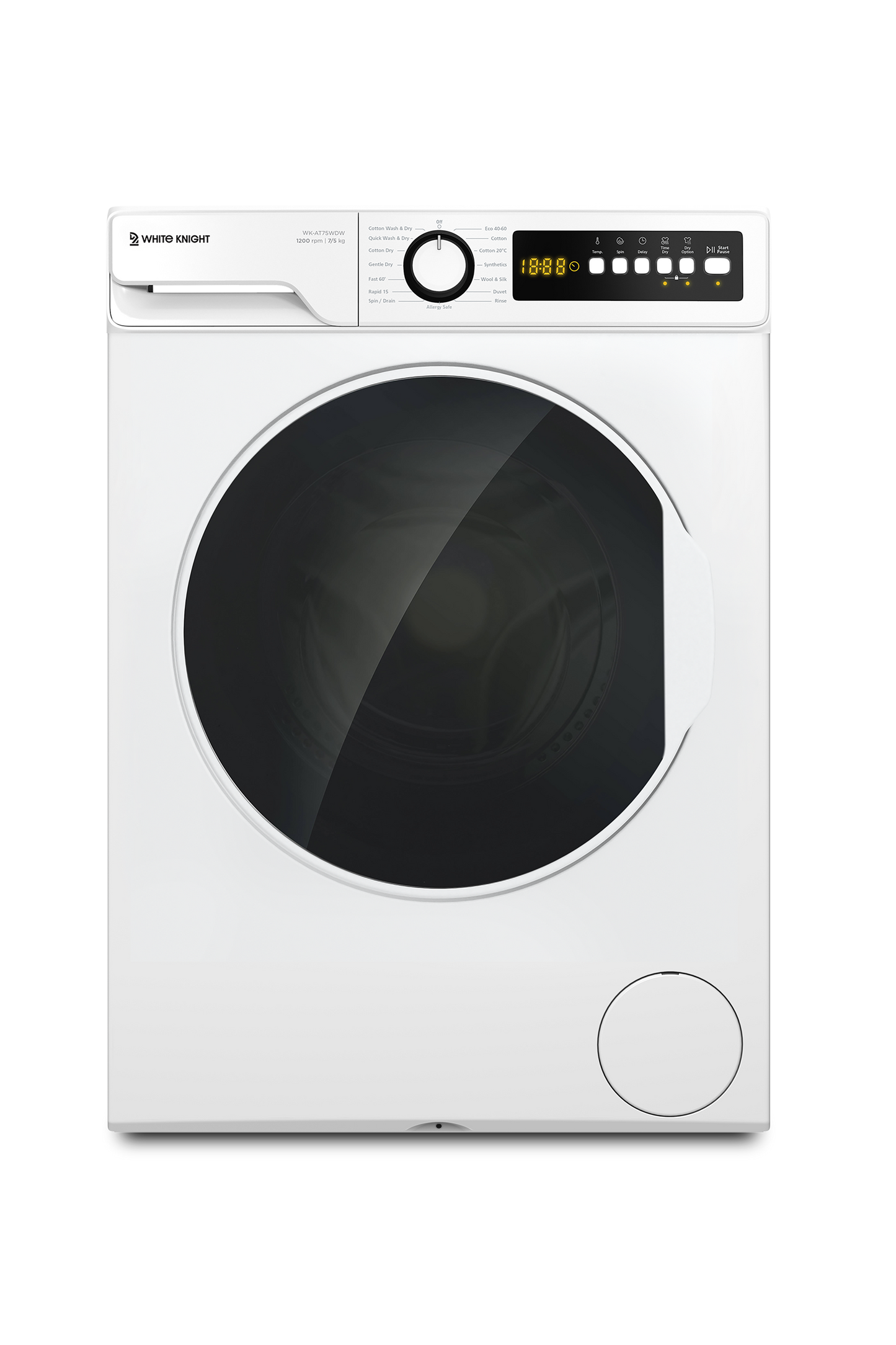 White washing machine with a black drum on a white background