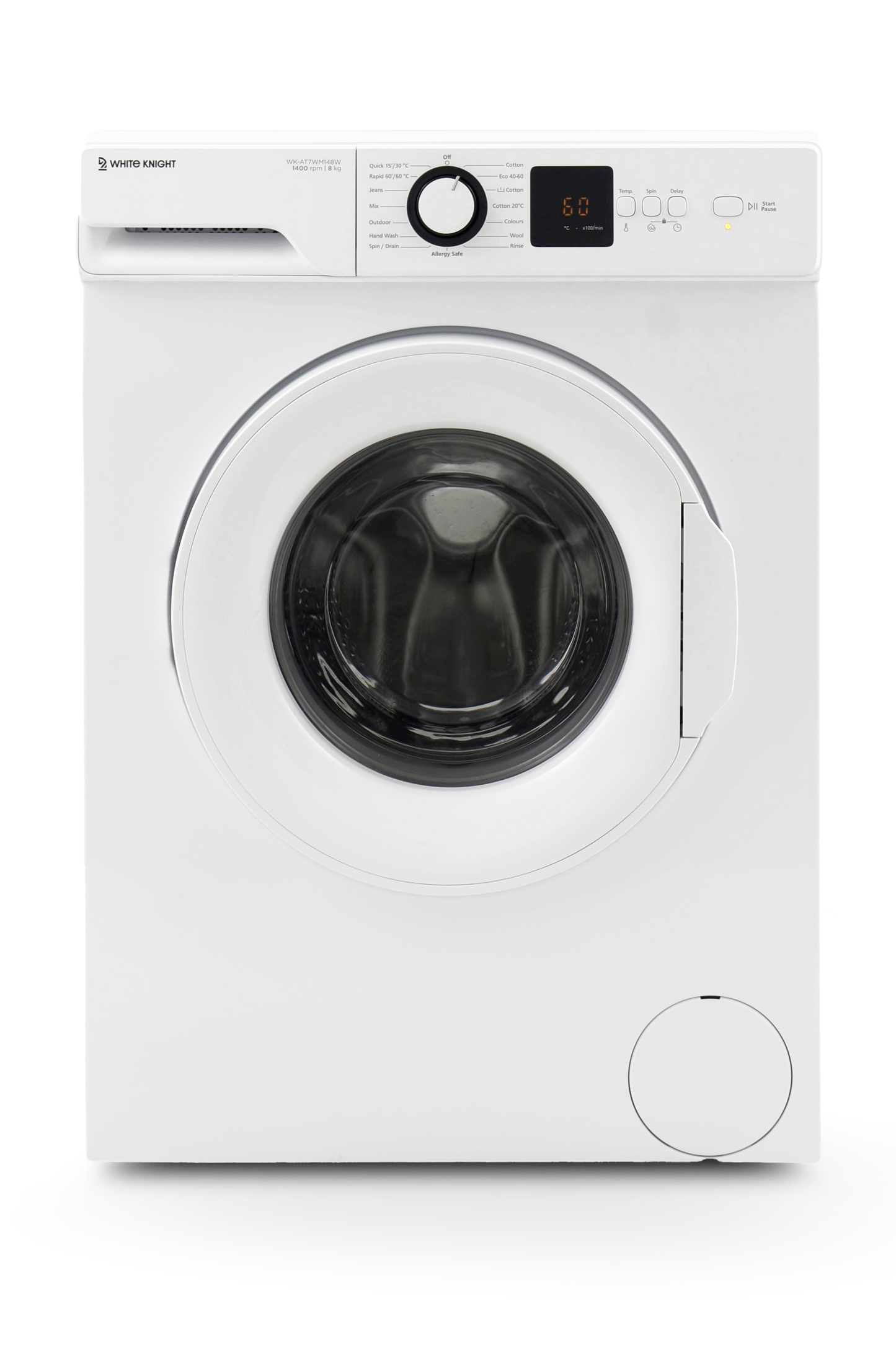 White washing machine with black drum on a white background