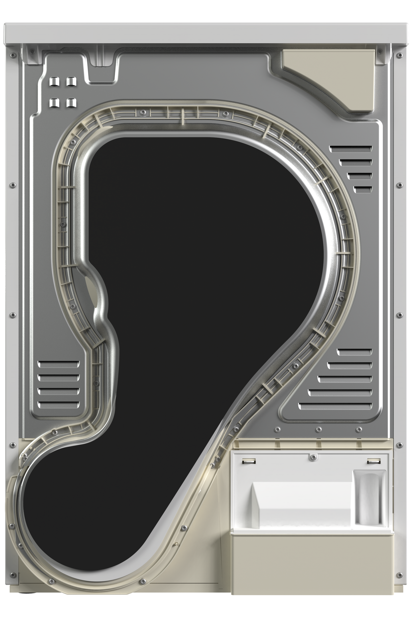 Back view of a washing machine with black interior and metallic exterior on a white background
