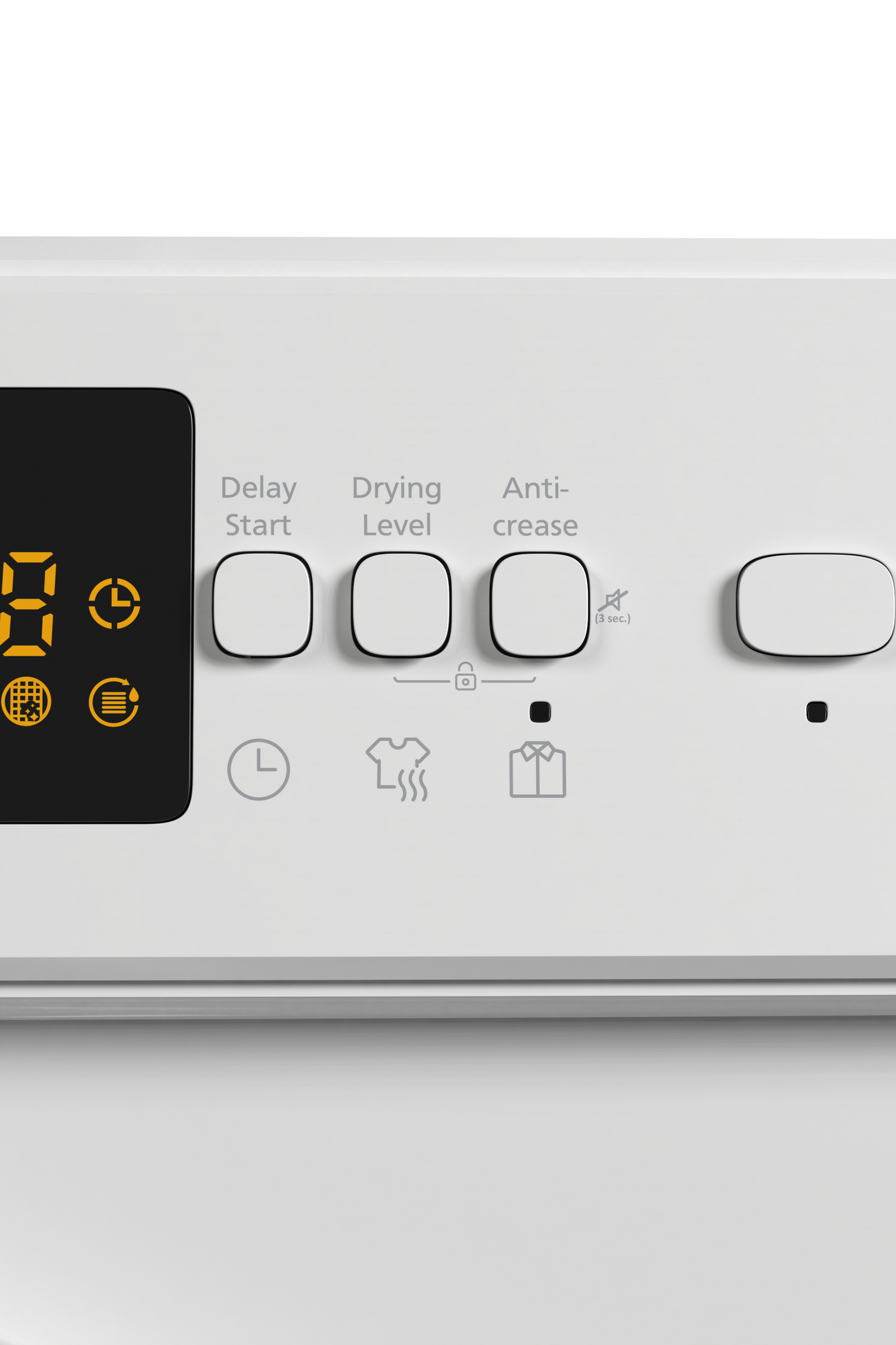 Control panel of a white dryer with digital display and buttons.
