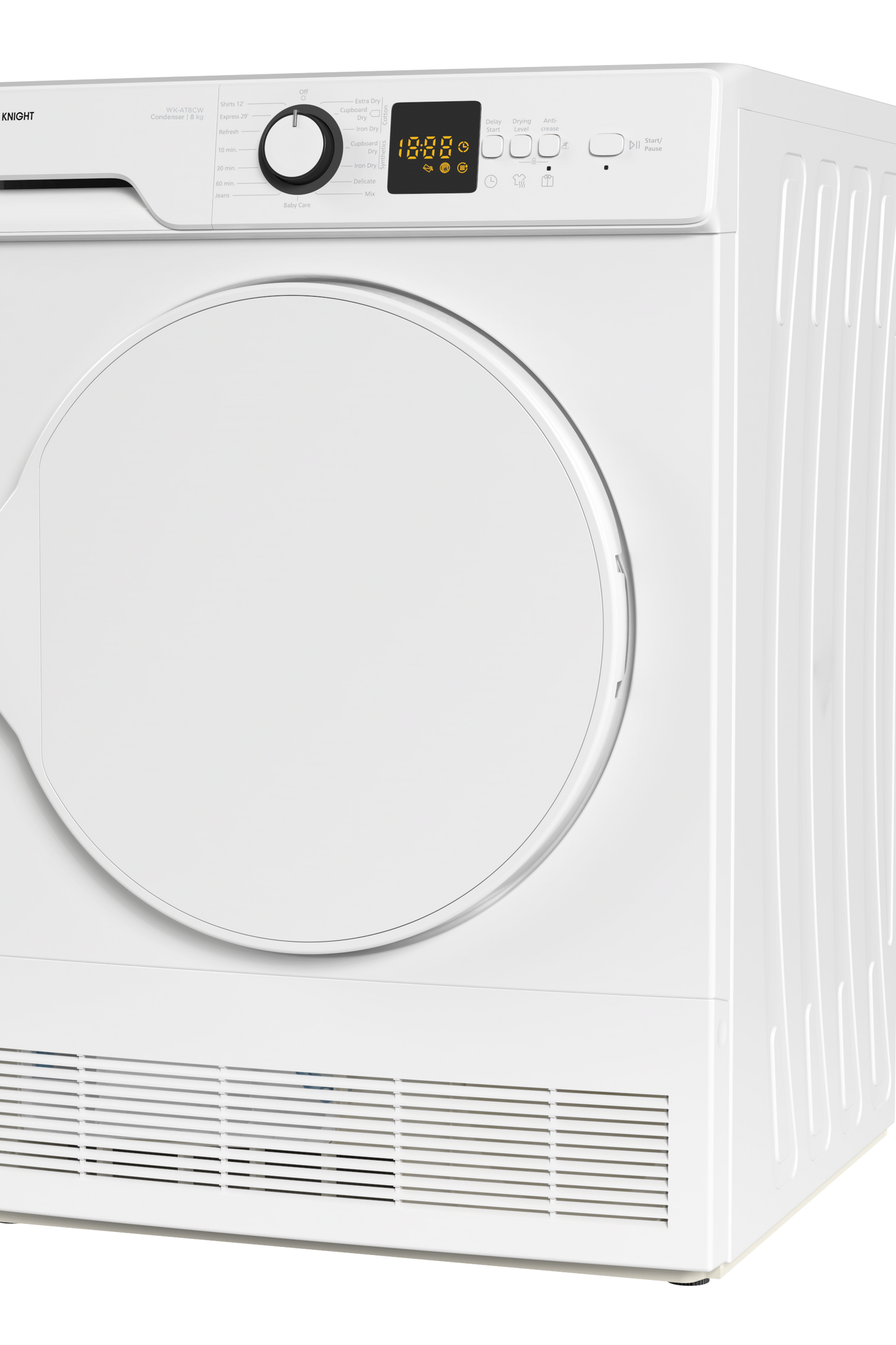 White tumble dryer with digital display on a white background