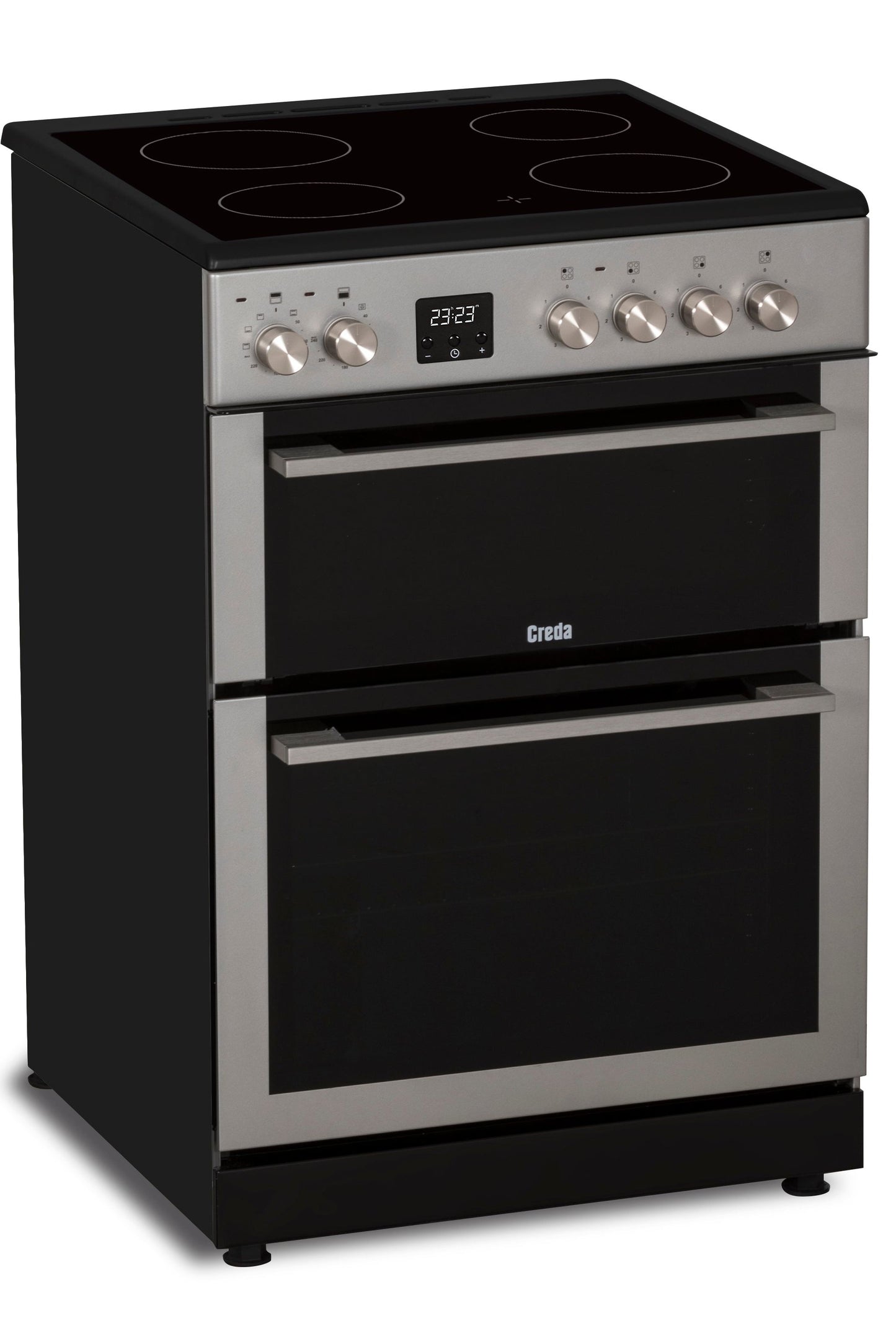 Black and silver double oven with electric cooktop on a white background