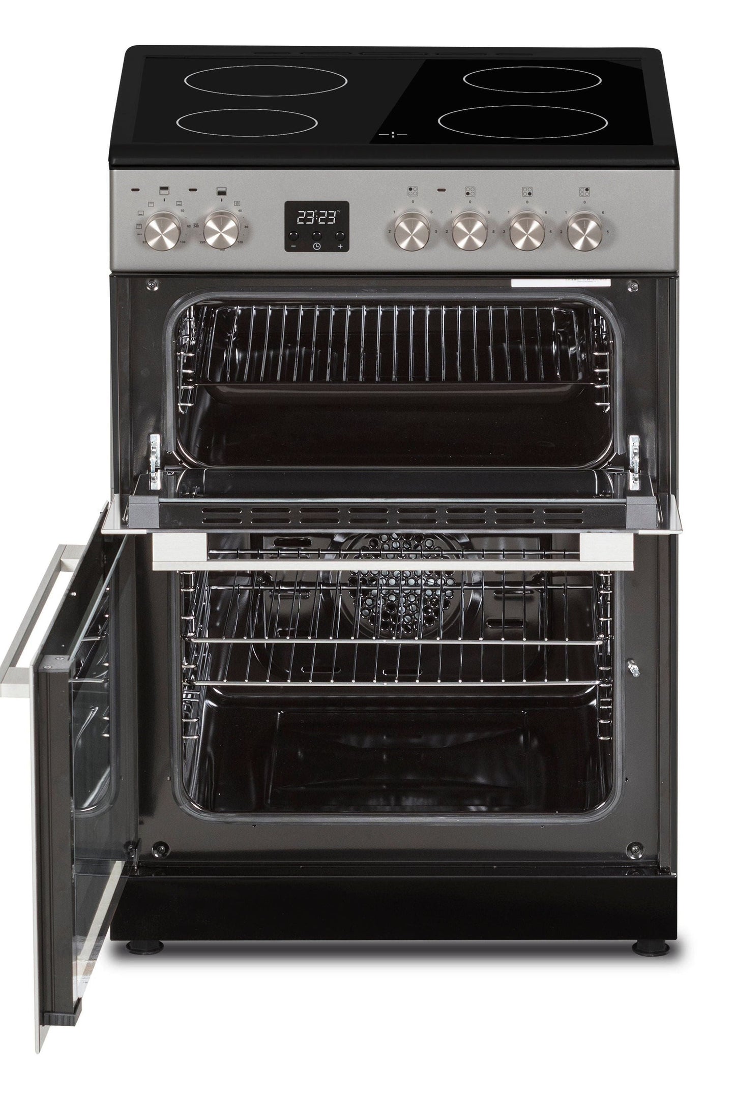 Stainless steel kitchen stove with open oven doors on a white background