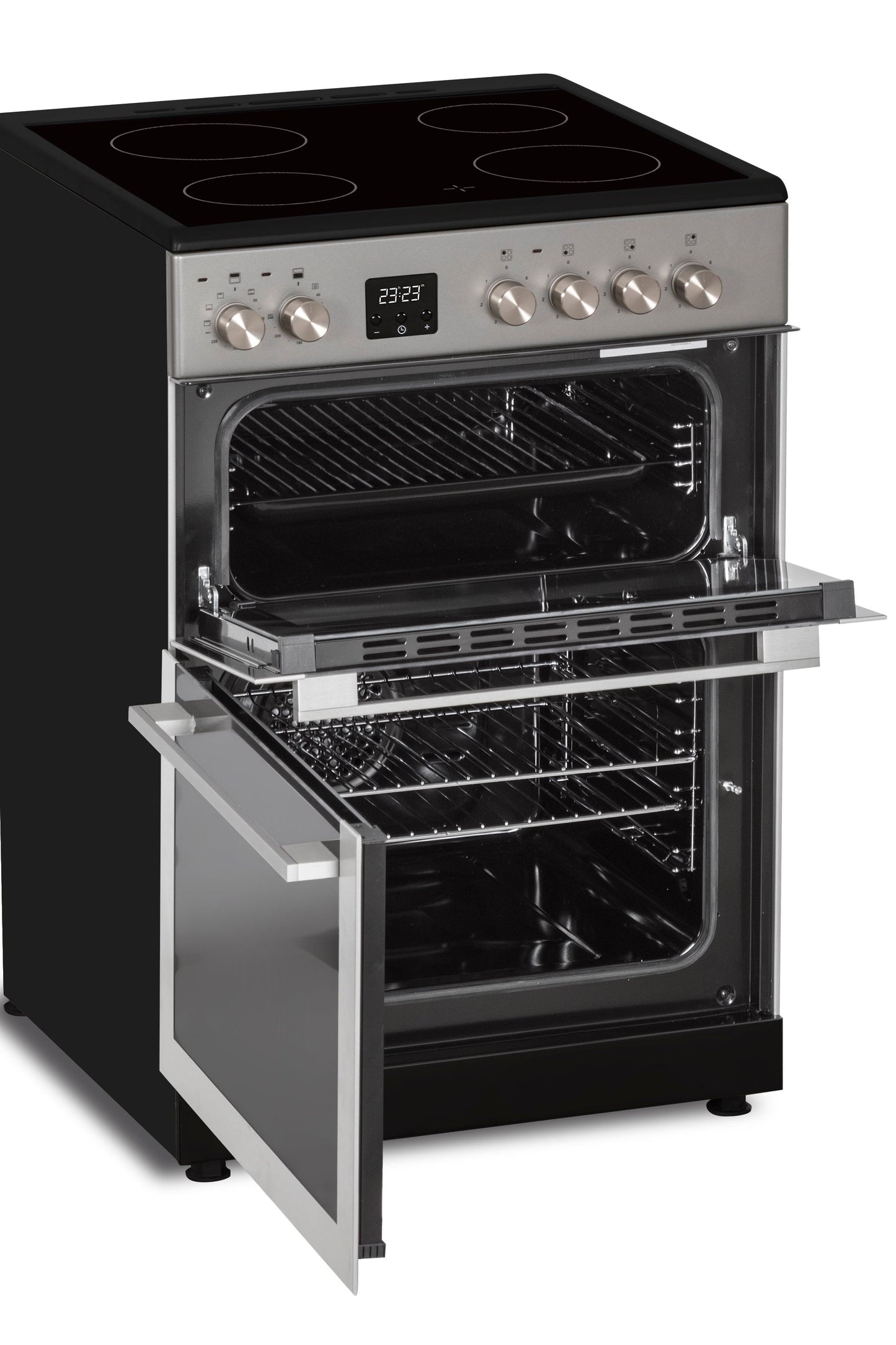 Stainless steel kitchen stove with open oven door on a white background
