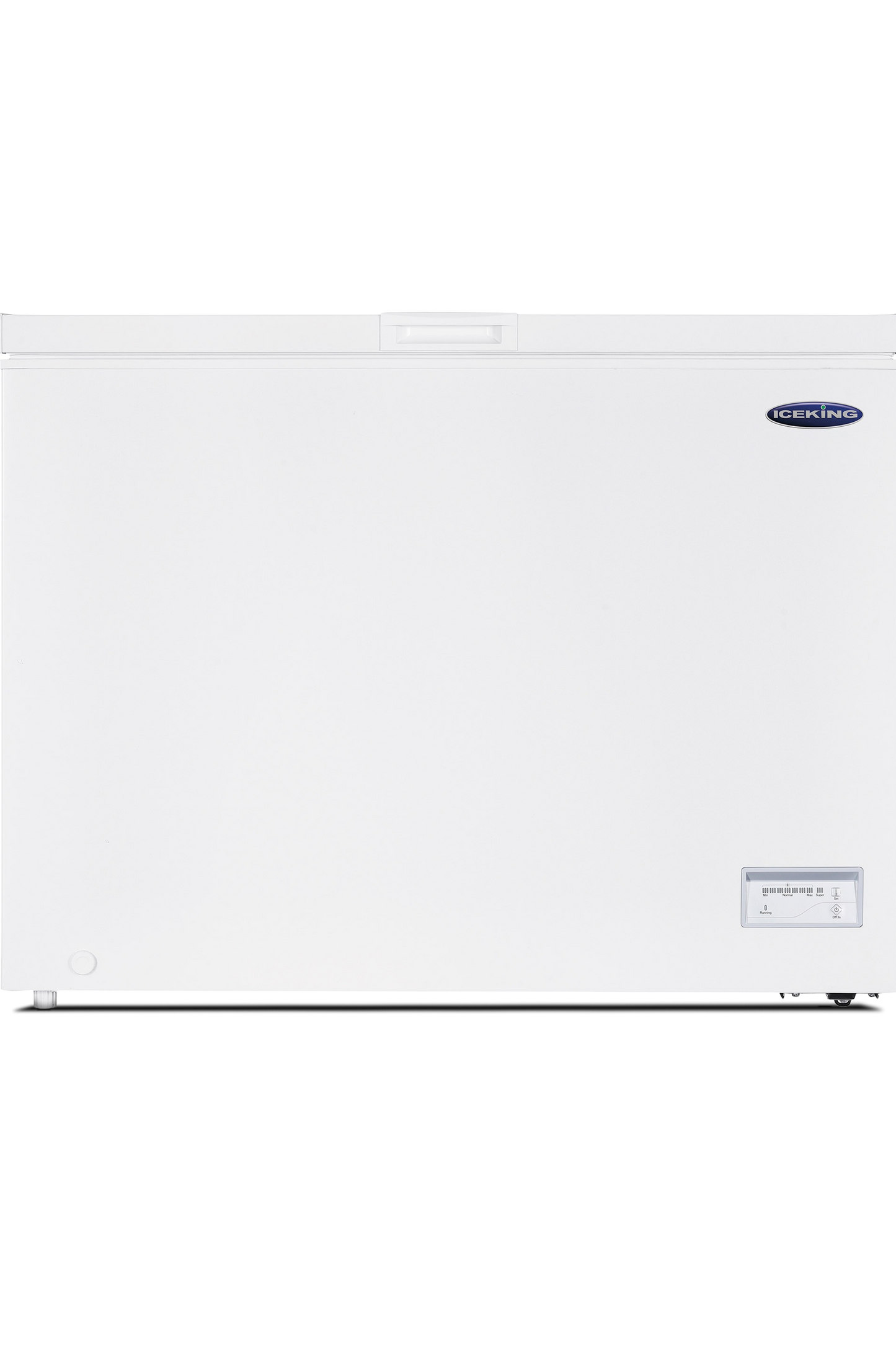 White freezer with a brand logo on a white background
