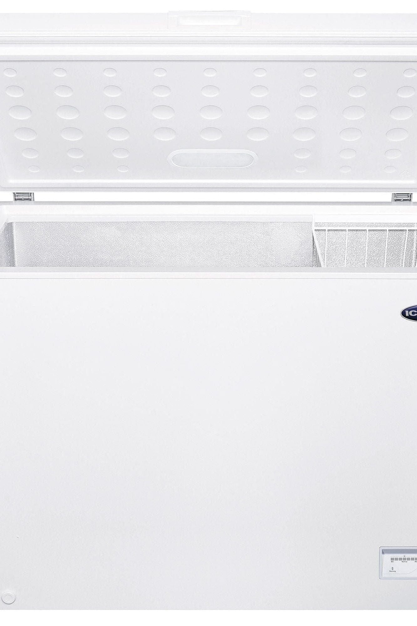 White chest freezer with open door on a white background, featuring the IceKing brand.