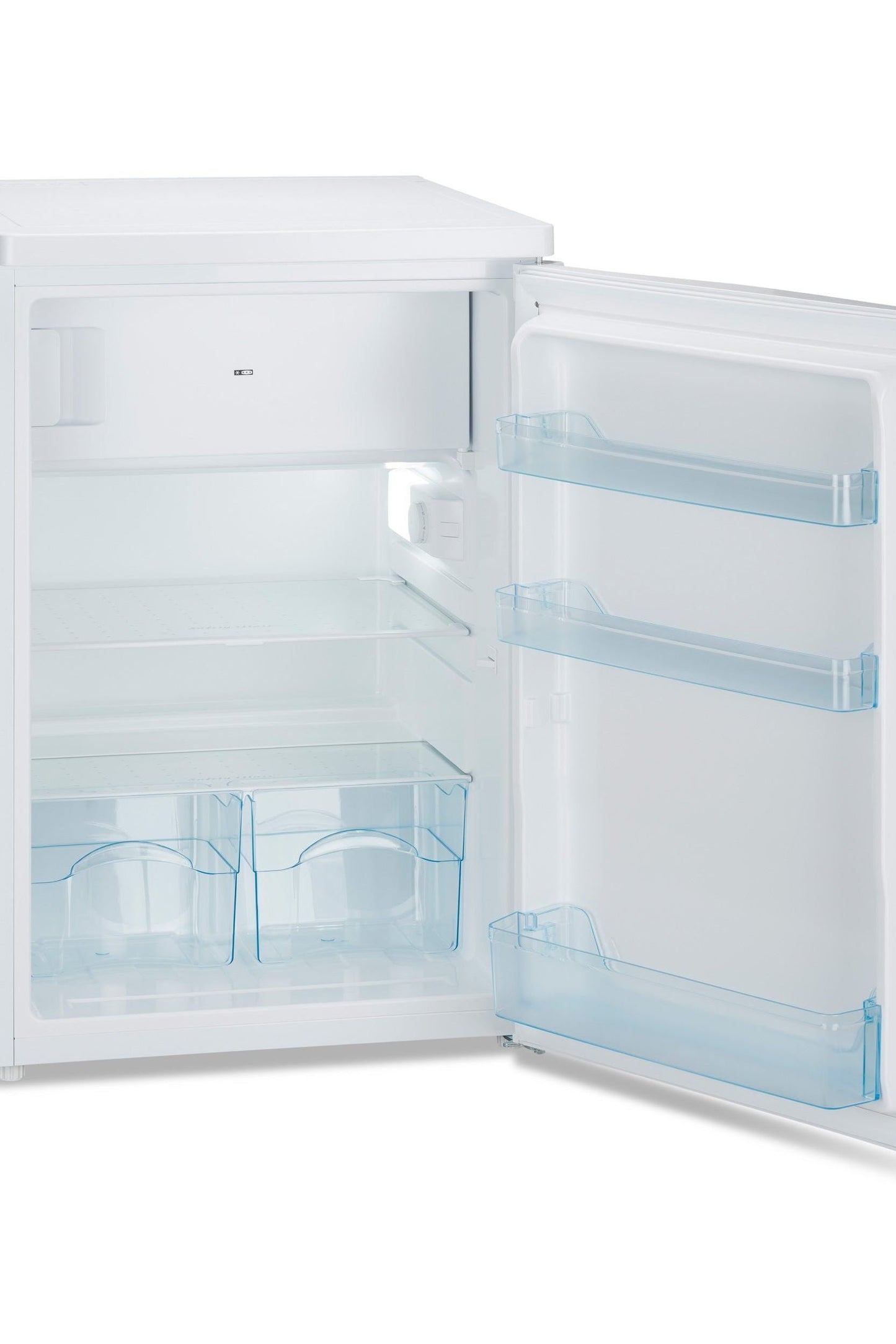 Small refrigerator with open door on a white background
