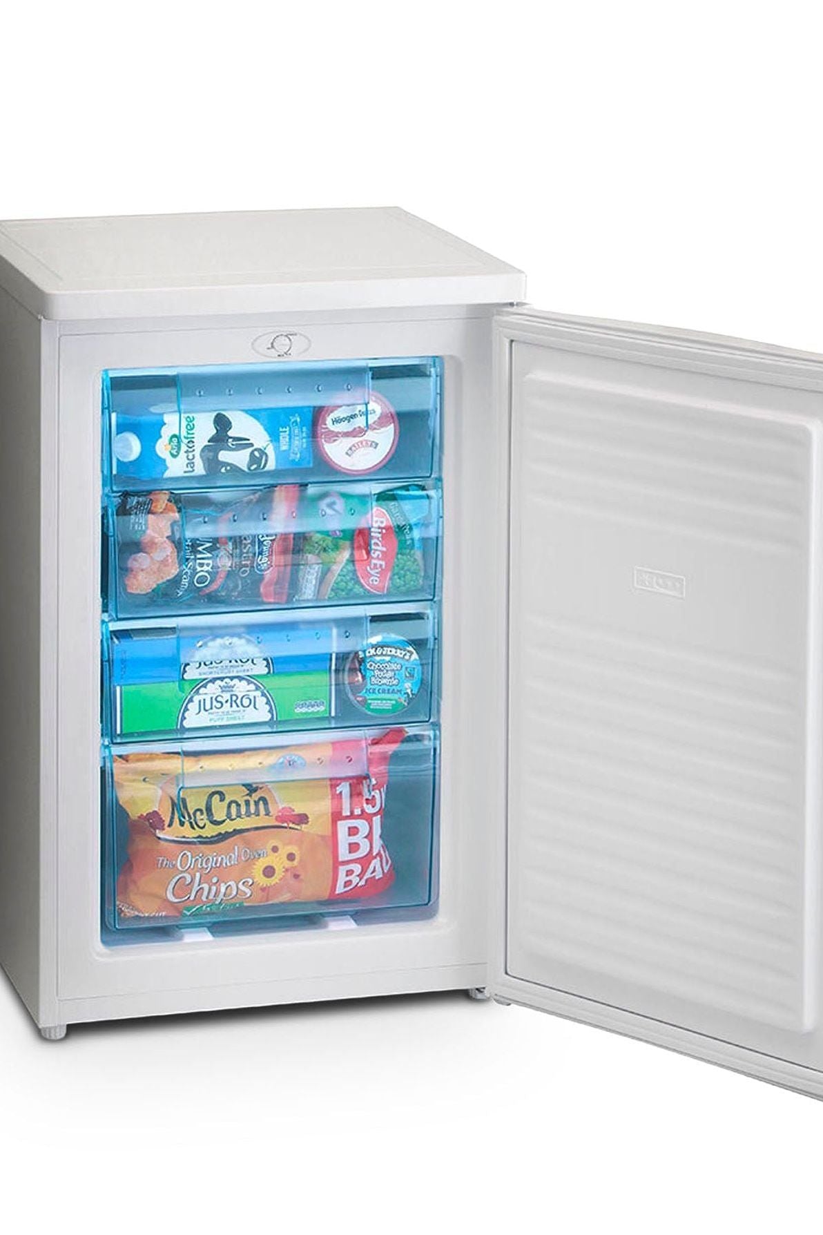 Small refrigerator with open door displaying various food items on a white background