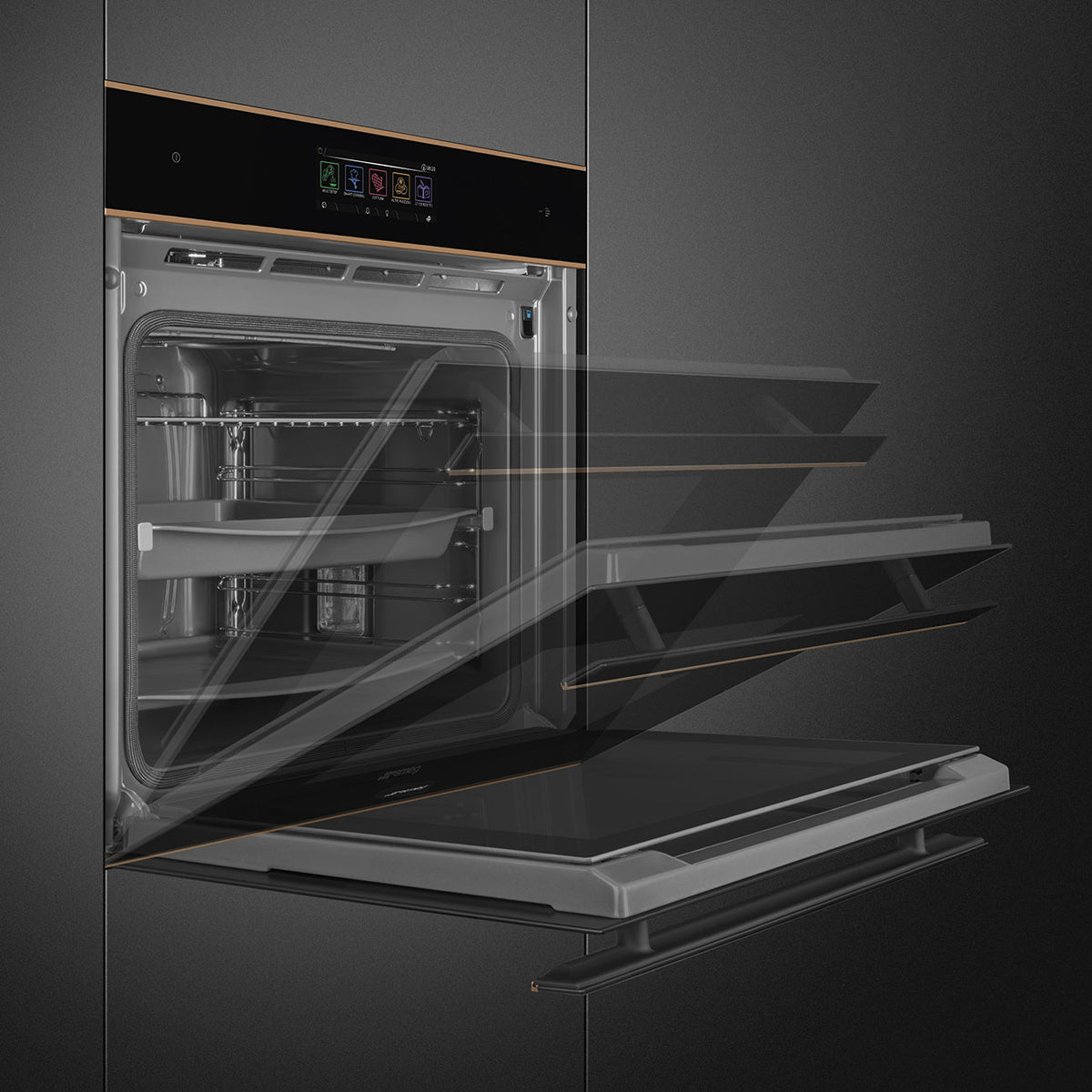 Smeg Dolce Stil Novo 60cm Pyrolytic SteamOne Built-In Oven - Black with Copper Trim