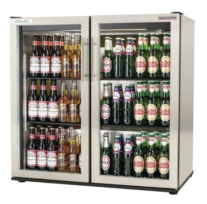 Gray Autonumis RWC00006 EcoChill Maxi Stainless Steel Hinged Glass Double Door Bottle Cooler, 156 x 330ml Bottles - Contact Us For Availability