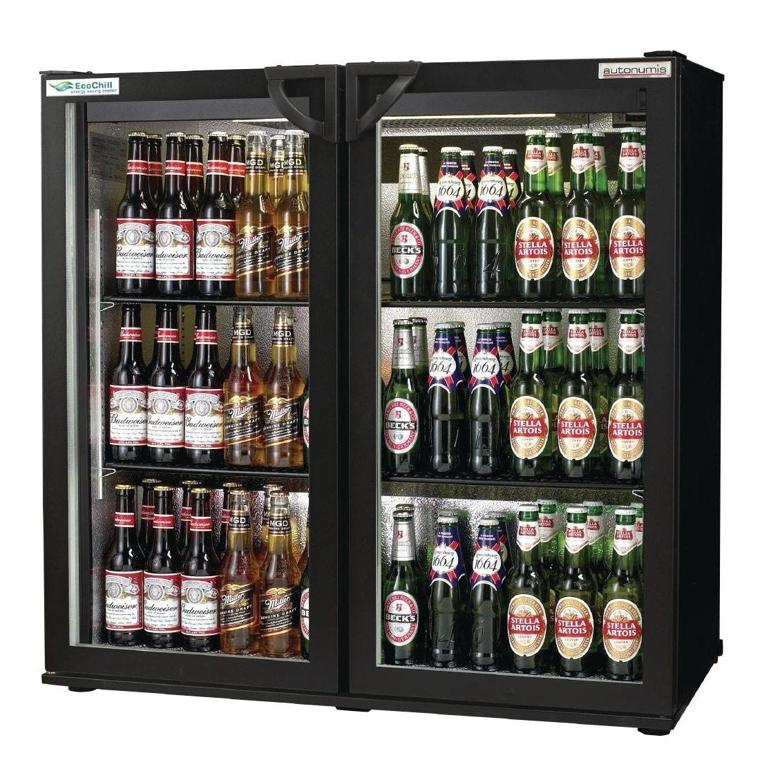 Dark Slate Gray Autonumis RWC10001 EcoChill Maxi Sliding Double Door Black Bottle Cooler, 220 x 330ml Bottles / 301 x 330ml Cans - Contact Us For Availability