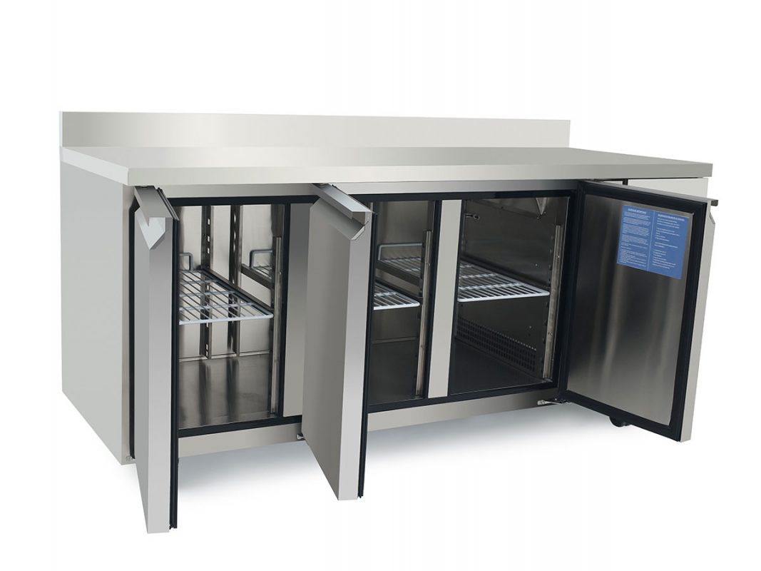 Gray Atosa EPF3432HDSB 3 Door Preparation Counter Fridge with Splash Back, 420 Litres - Contact Us For Availability