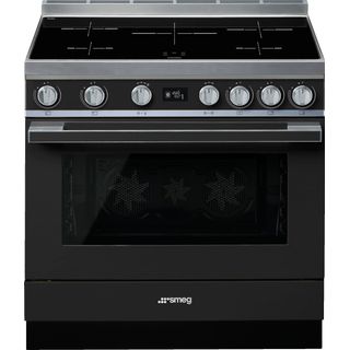 Black SMEG Portifino Range Cooker, Dual Fuel, Pyrolytic Multifunctional, Single Cavity, 900 mm