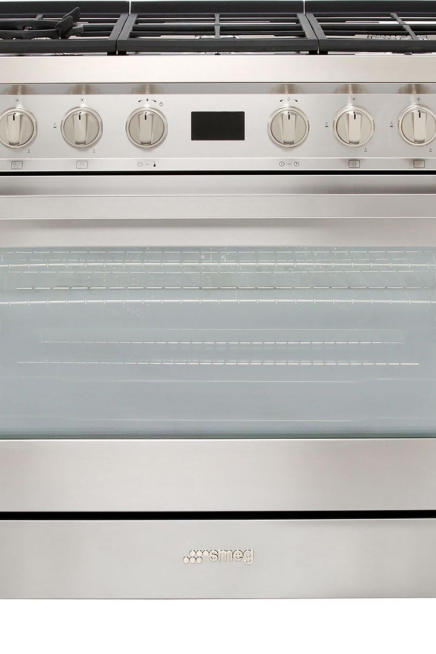 Gray SMEG Portifino Range Cooker, Dual Fuel, Pyrolytic Multifunctional, Single Cavity, 900 mm