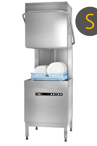 Gray Hobart Ecomax Plus H615SW-10D 500mm Basket Hood / Passthrough Dishwasher with Integral Water Softener & Drain Pump, 18 Plates - Contact Us For Availability