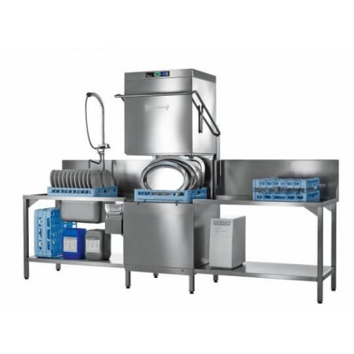 Slate Gray Hobart AUPLSW-10B 500mm Basket Hood / Passthrough Dishwasher with Integral Water Softener & Drain Pump, 18 Plates - Contact Us For Availability