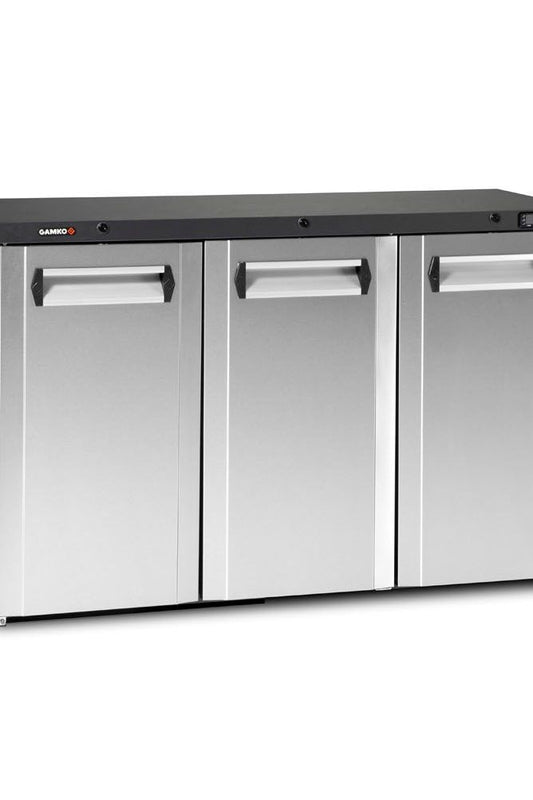 Light Gray Gamko Maxiglass MG3/315CS Maxiglass Hinged Stainless Steel Front Triple Door Undercounter Bottle Cooler, 315 Litres - Contact Us For Availability