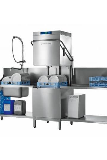 Light Slate Gray Hobart AMXXSW-10B 500mm Basket Hood / Passthrough Dishwasher with Integral Water Softener & Drain Pump, 18 Plates - Contact Us For Availability