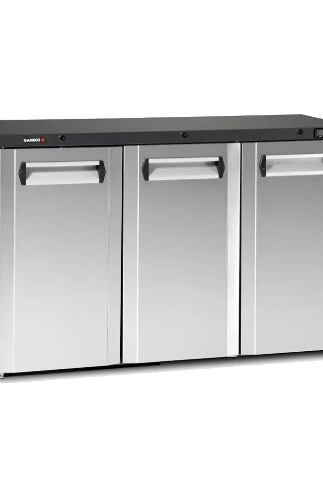 Gray Gamko Maxiglass LG3/315CS Hinged Solid Stainless Steel Triple Door Undercounter Bottle Cooler, 338 Litres - In Stock