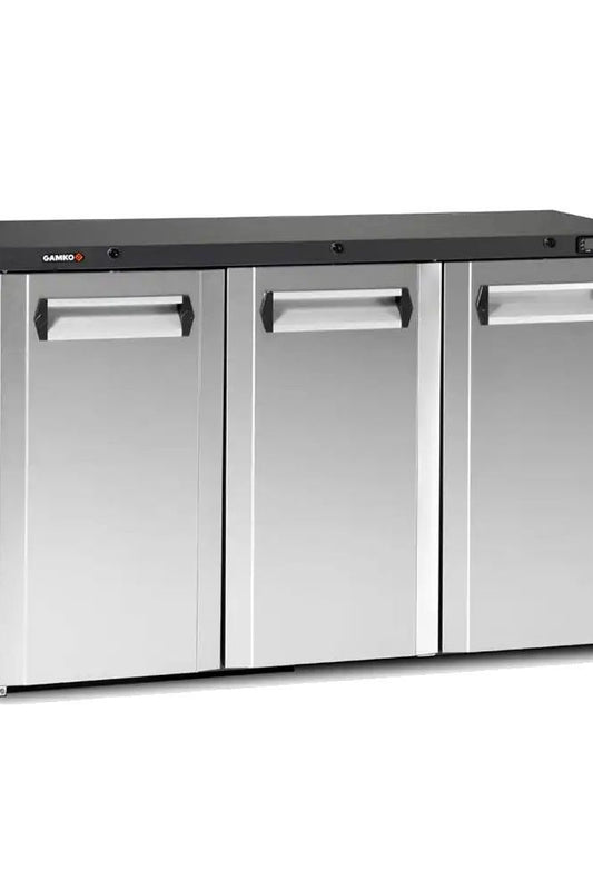 Gray Gamko Maxiglass LG3/315CS Hinged Solid Stainless Steel Triple Door Undercounter Bottle Cooler, 338 Litres - In Stock