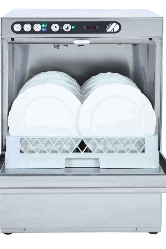 Light Gray Adler GRADED AD50-DPSO 500mm Basket Dishwasher with Chemical Pump, Drain Pump & Water Softener, 18 Plates (13 Amp Plug) - Out Of Stock
