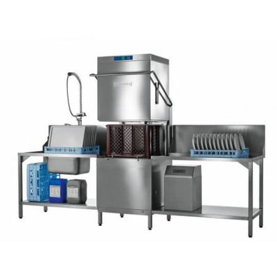 Hobart AMXXLSW-10B 500mm Basket Hood / Passthrough Dishwasher with Integral Water Softener & Drain Pump, 18 Plates - Contact Us For Availability