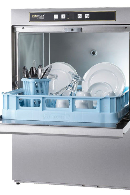 Dark Gray Hobart Ecomax F504W-20B 500mm Basket Frontloading Commercial Dishwasher with Drain Pump, 18 Plates - Discontinued