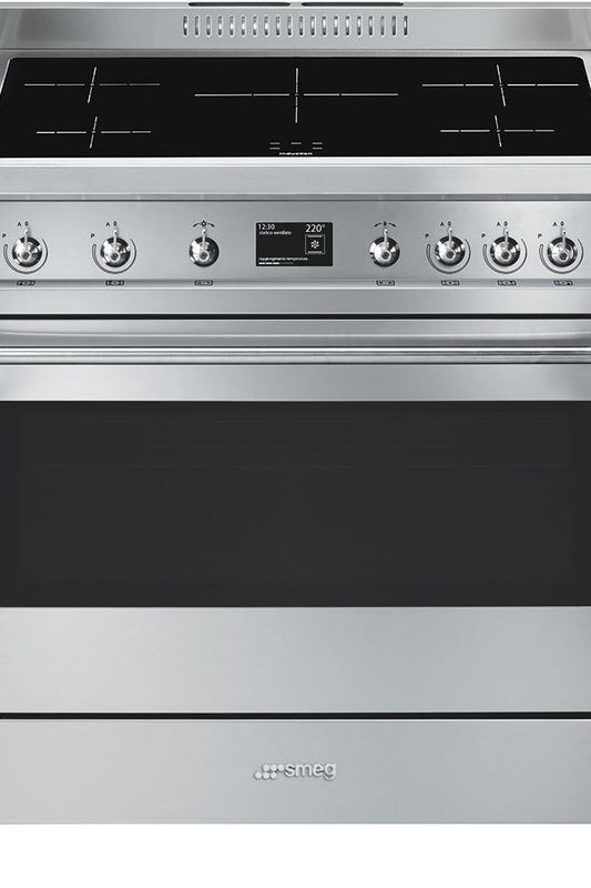 Gray SMEG Opera Cooker, Electric Induction, with Multifunction Pyrolitic Oven, 900 mm