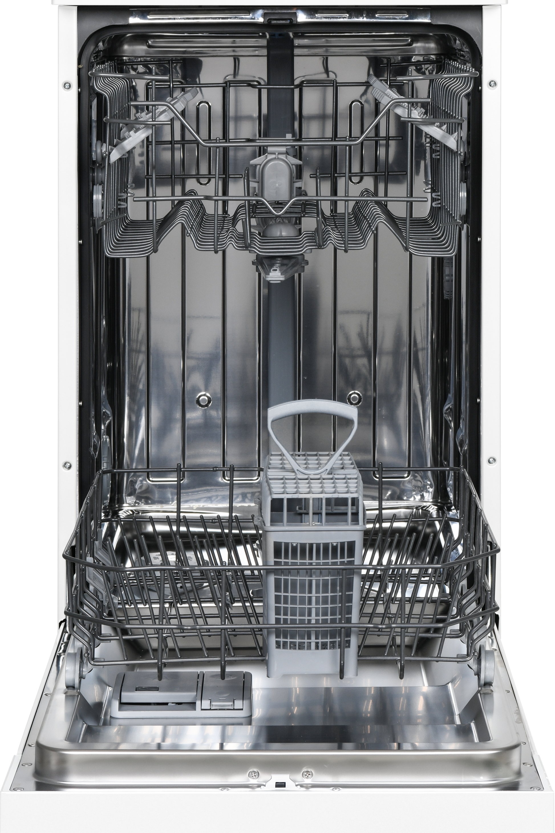 Open dishwasher with silver interior and racks on a white background