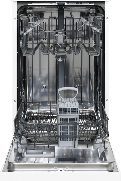 Open dishwasher with silver interior and racks on a white background