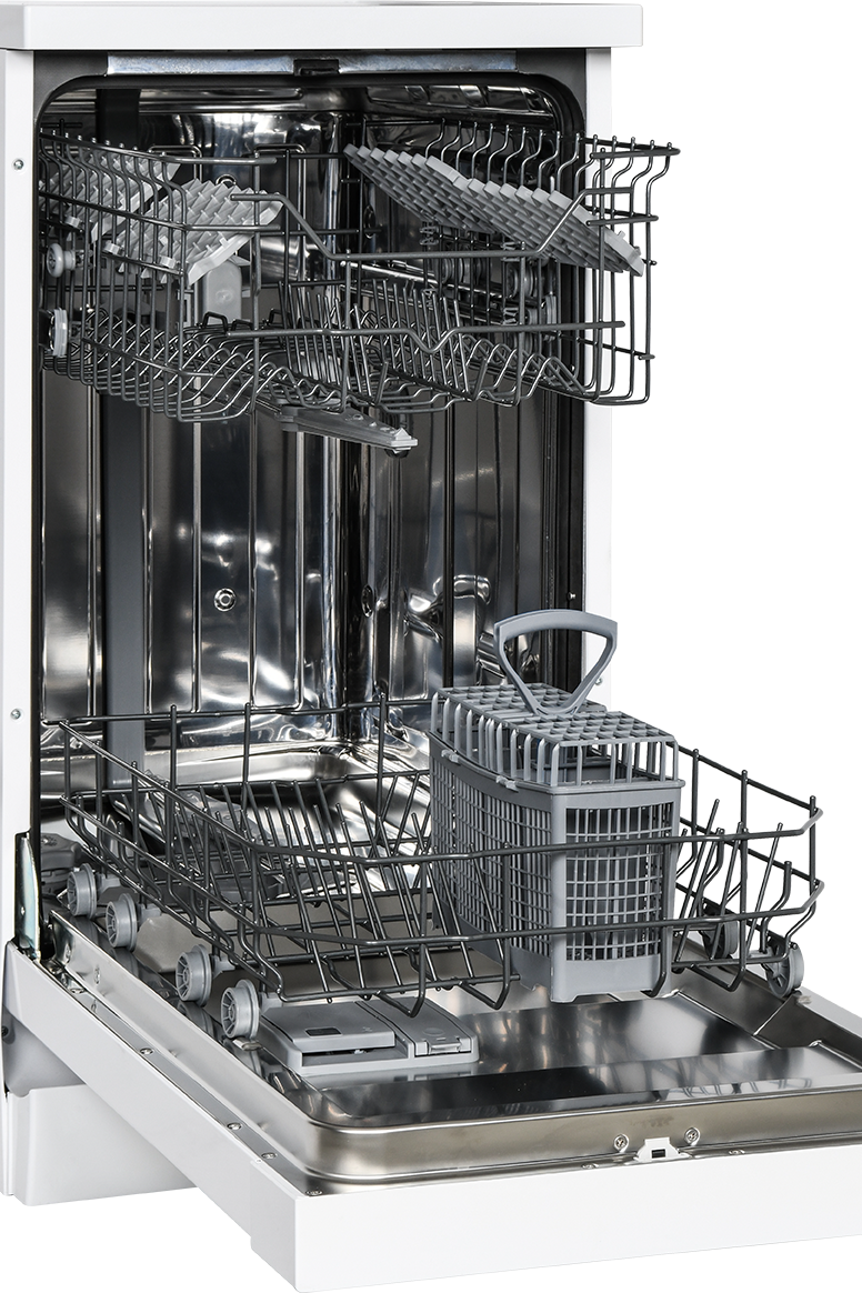 Open dishwasher with silver interior and racks on a white background