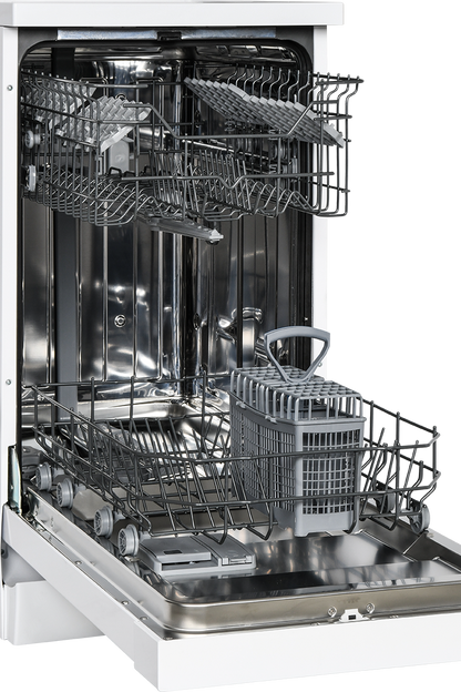 Open dishwasher with silver interior and racks on a white background