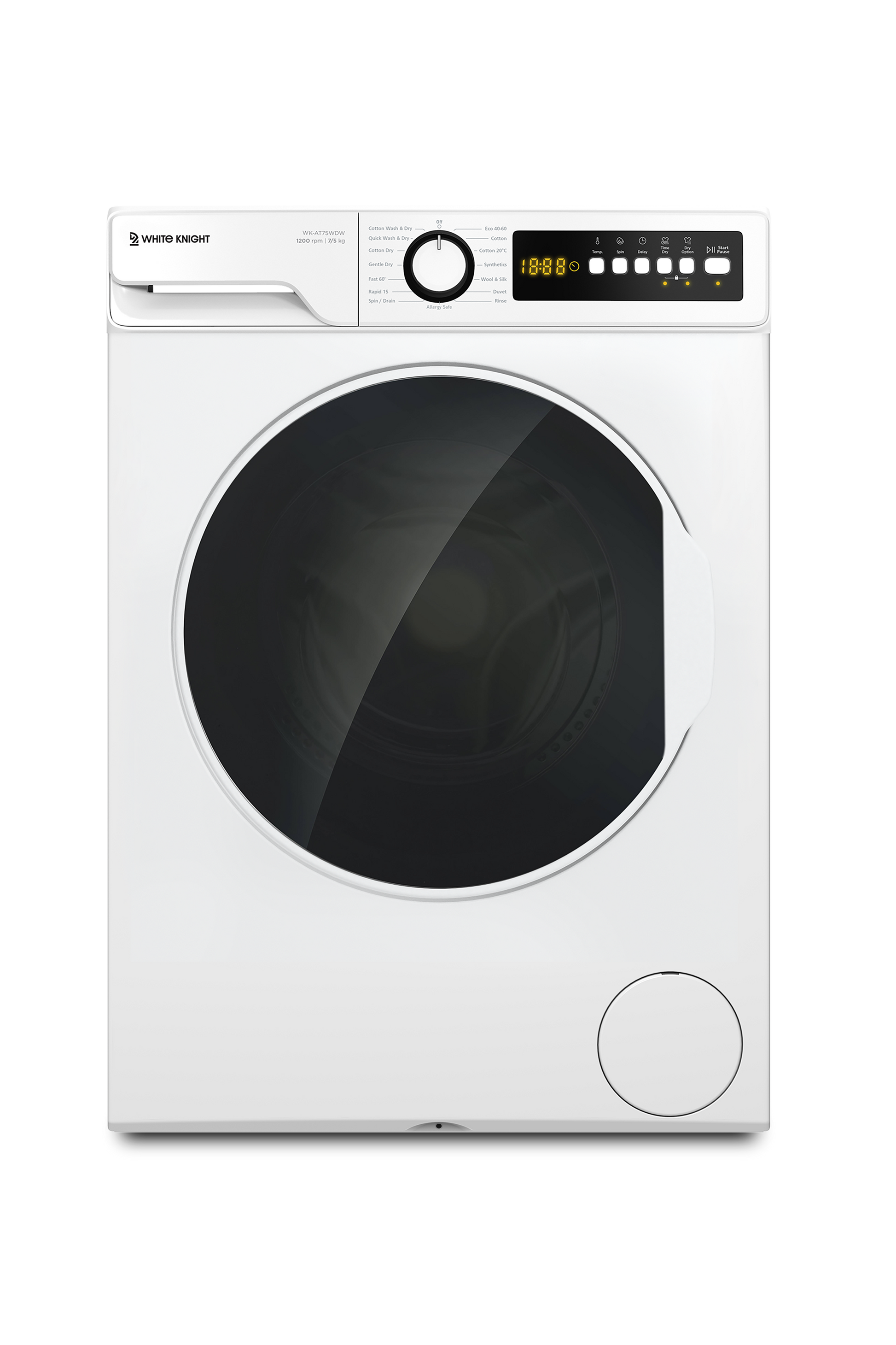 White washing machine with a black drum on a white background