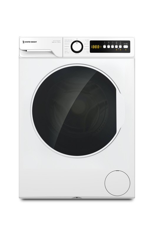 White washing machine with a black drum on a white background