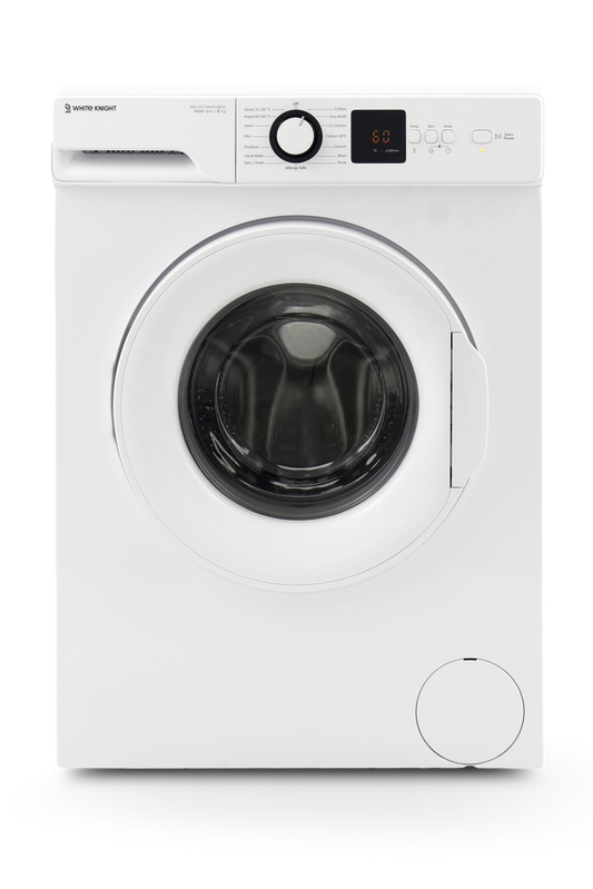 White washing machine with black drum on a white background
