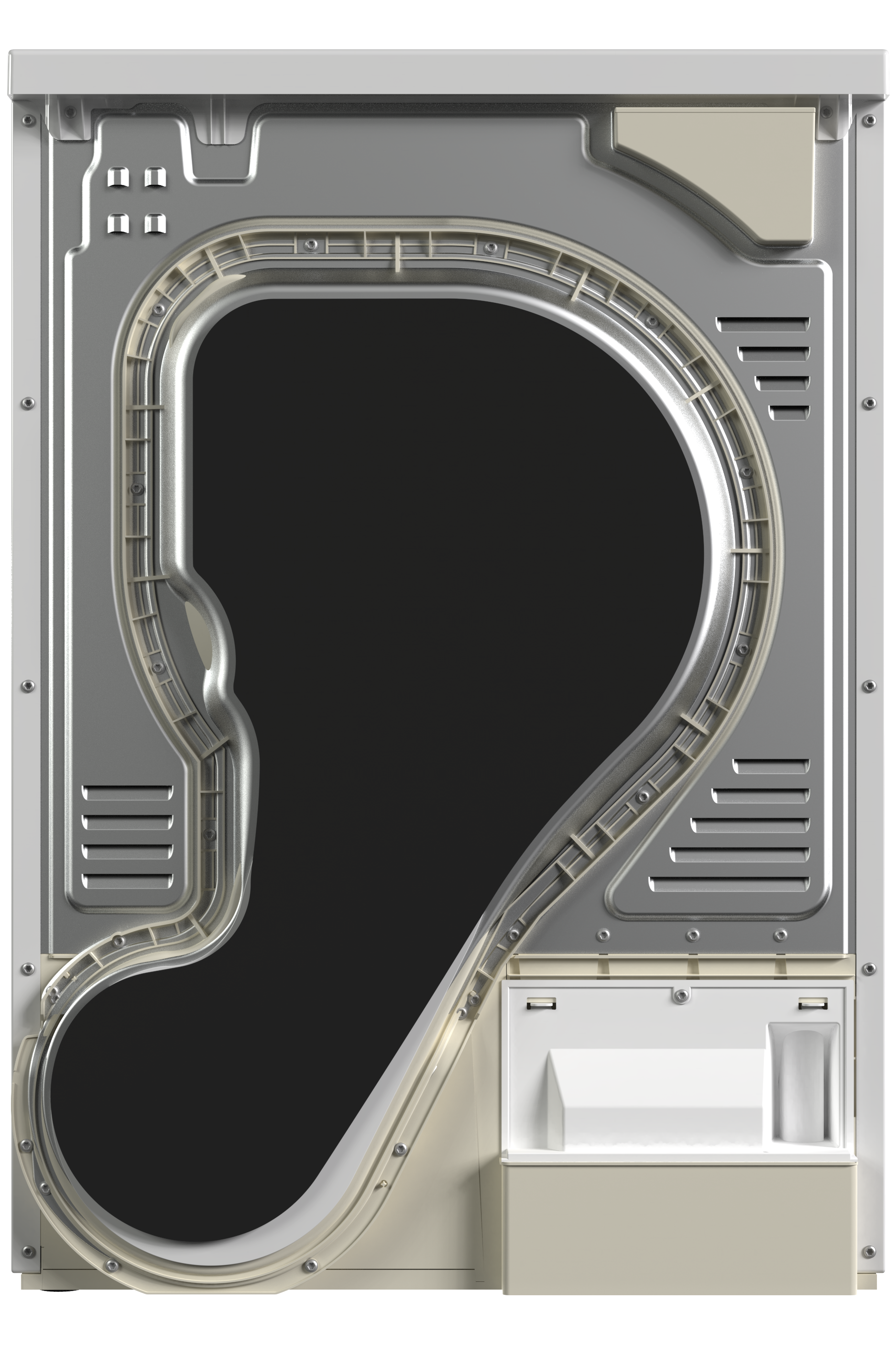 Back view of a washing machine with black interior and metallic exterior on a white background