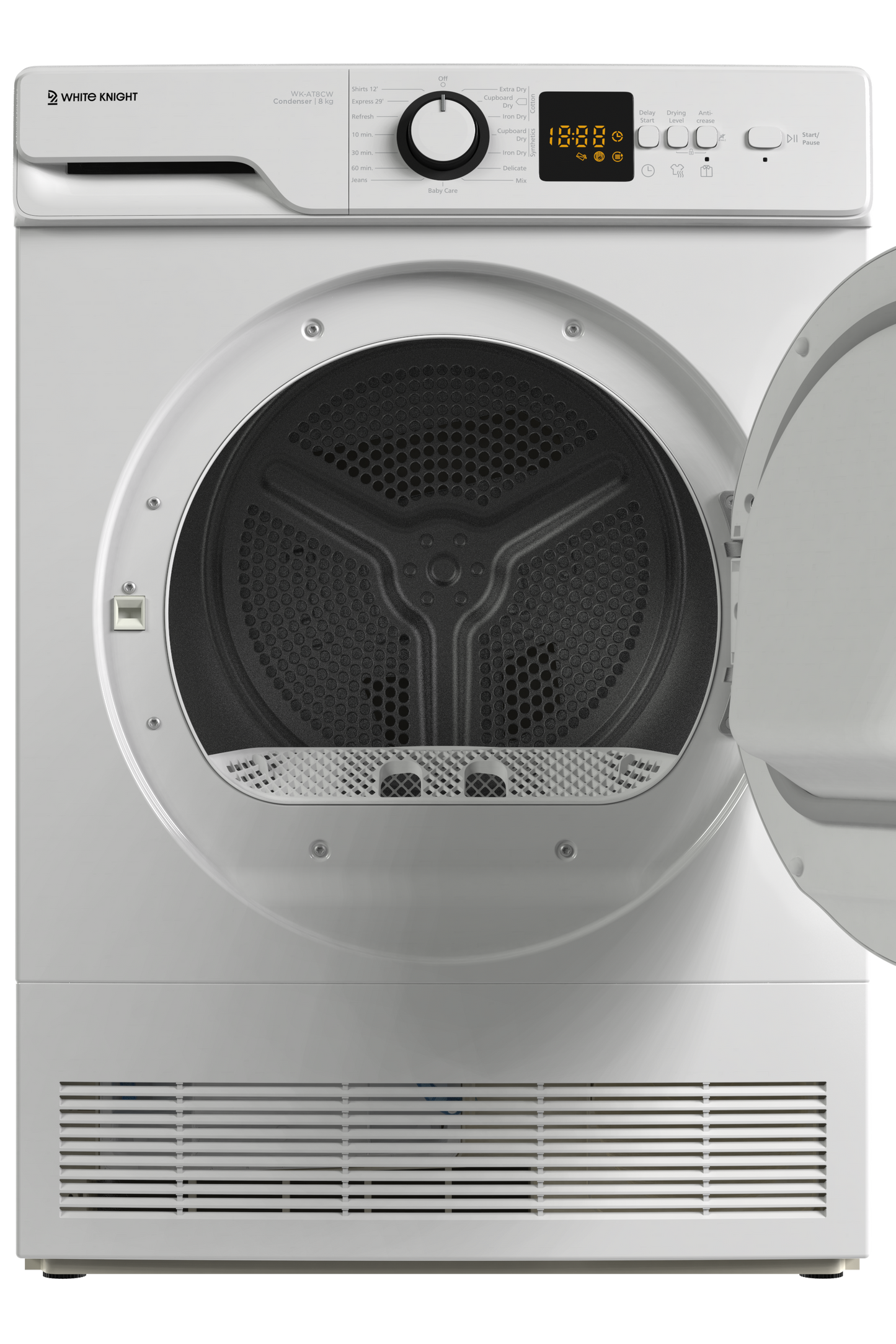White dryer with open door on a white background