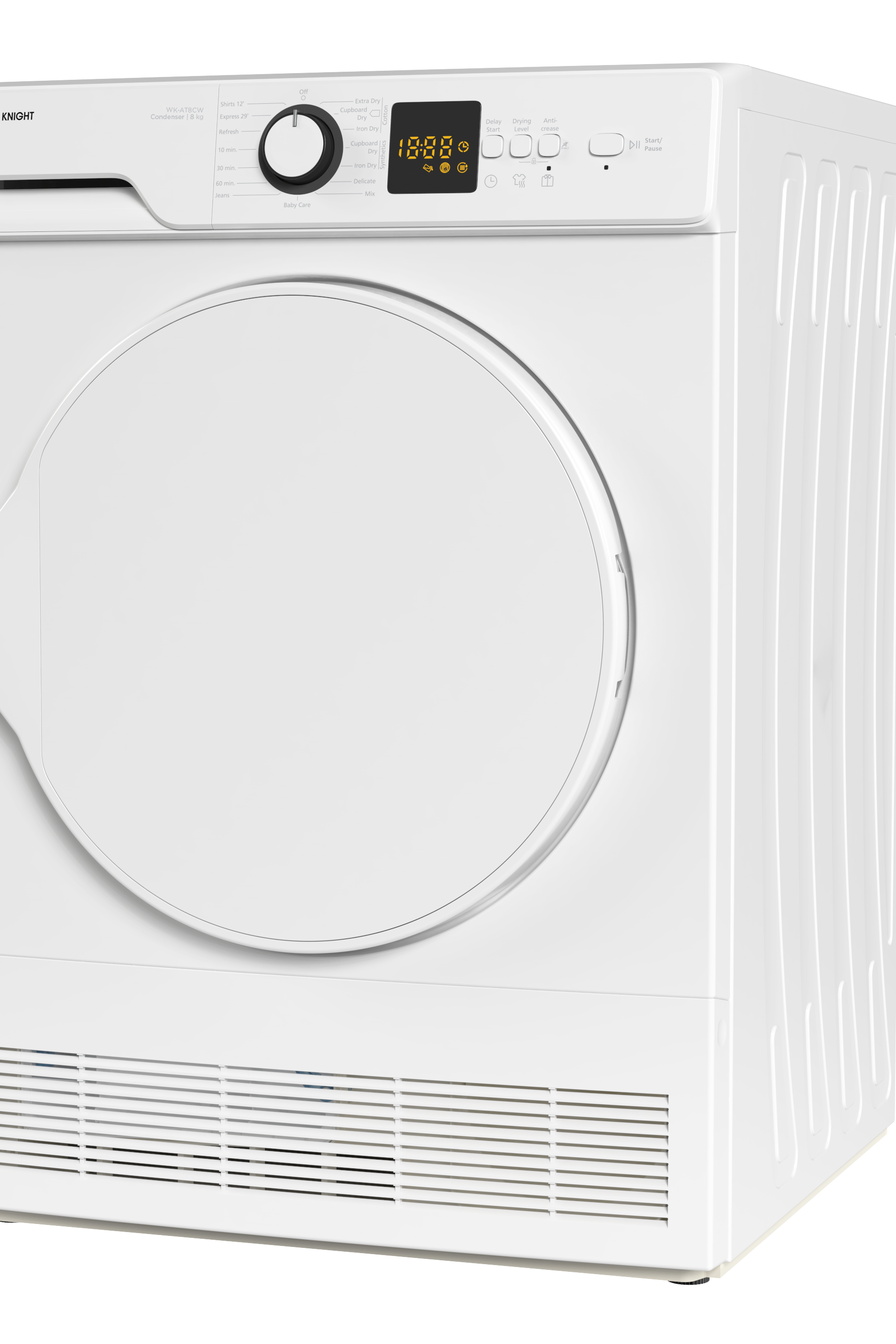 White tumble dryer with digital display on a white background
